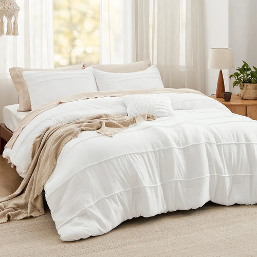 Boho Comforter Set - Pinch Pleat Design for All Seasons, Soft Bedding Kit