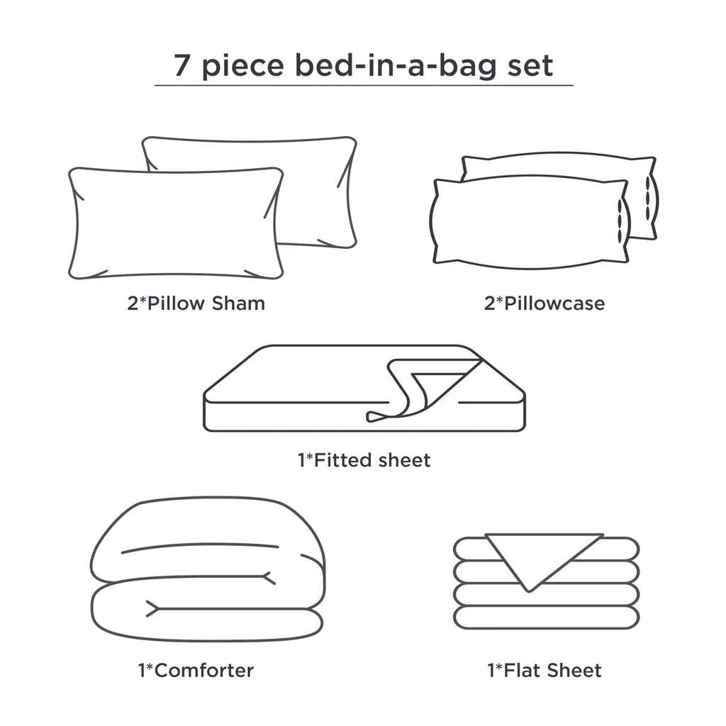 Comforter Set 7 Pieces, Bedding Set for Bed Reversible, Cationic Dyeing Bed in a Bag with Comforter, Sheets, Pillowcases & Shams